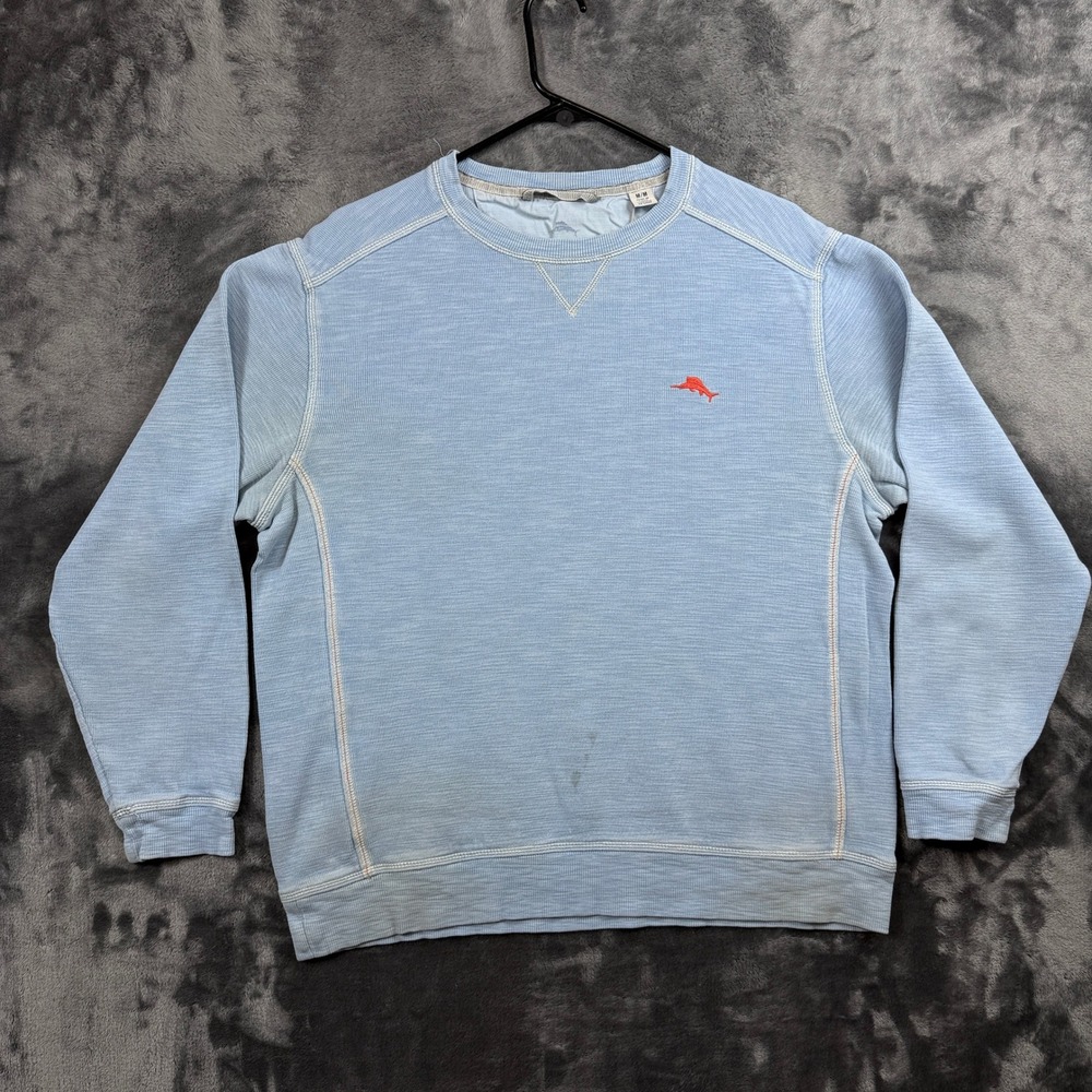 Tommy Bahama Sweatshirt Mens Medium Blue Slub Knit Marlin Logo Pullover Crewneck